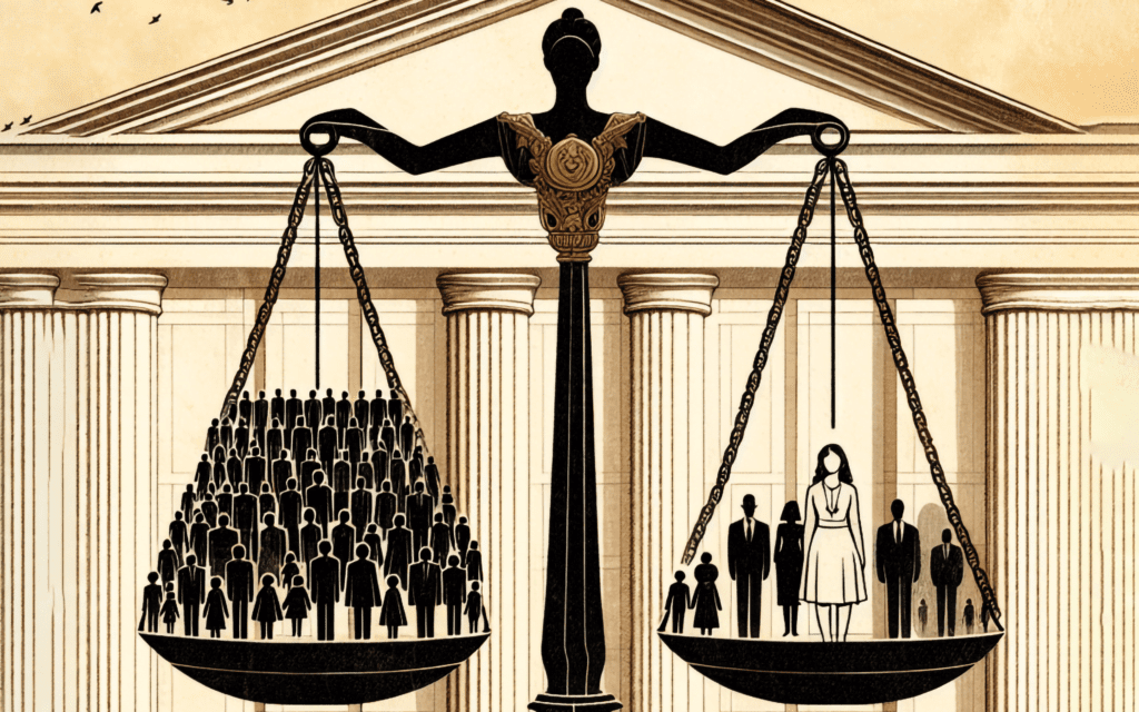 A symbolic scale with the Constitution on one side and a hand tipping the balance, representing the delicate equilibrium between majority rule and minority rights in democratic governance.