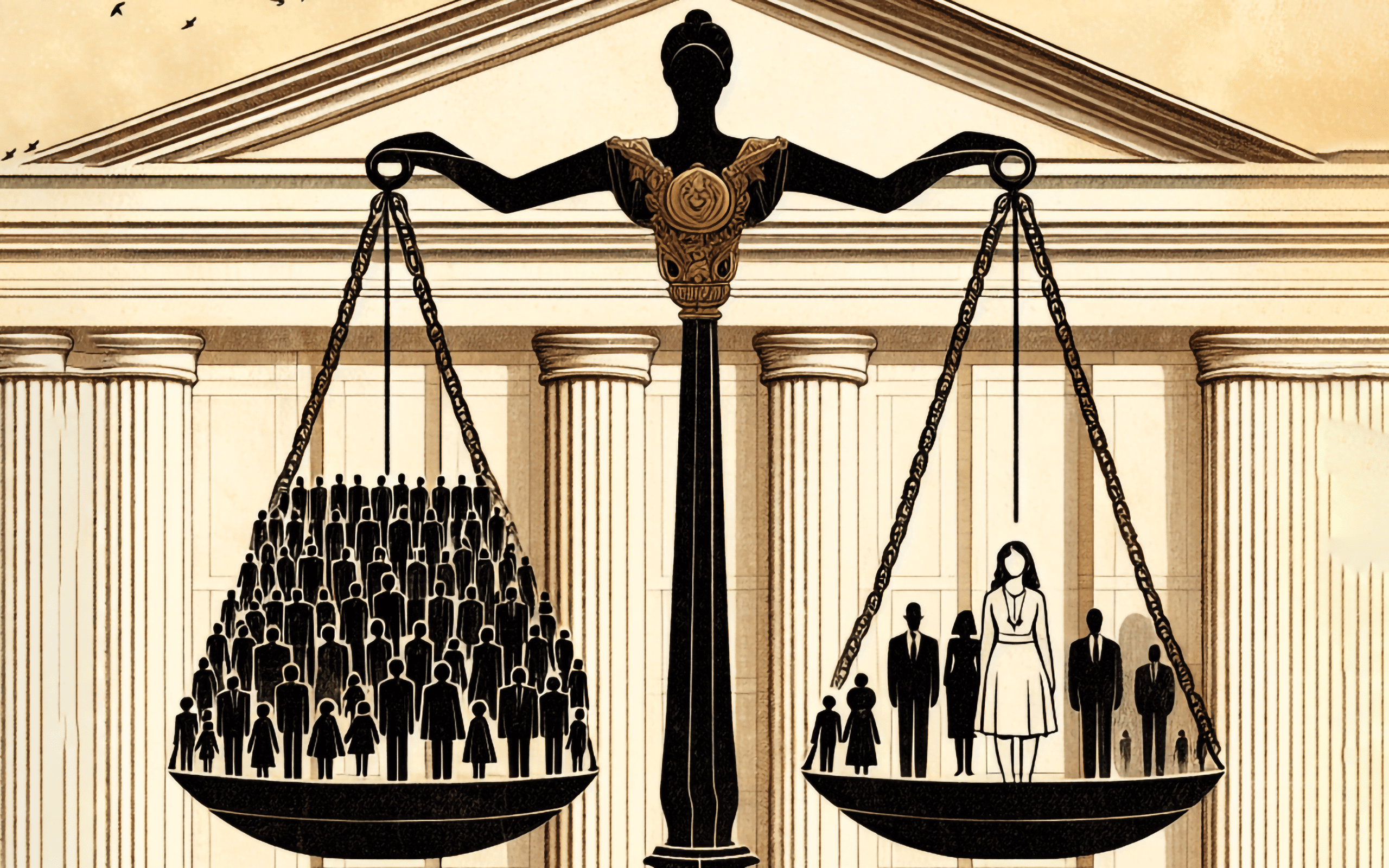 A symbolic scale with the Constitution on one side and a hand tipping the balance, representing the delicate equilibrium between majority rule and minority rights in democratic governance.